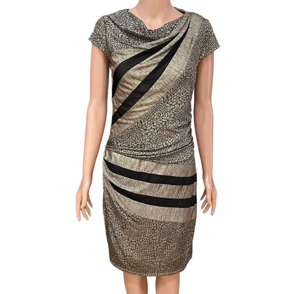 Betsey Johnson Metallic Gold Sheath Dress Women Size 6 Animal Print Ruched Sides